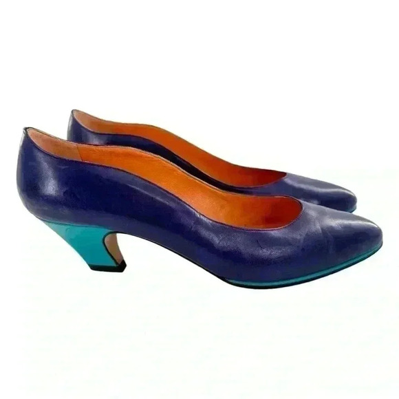 Ellen Tracy heels 8 N purple blue color block Italian leather 80s 90s vintage - Picture 12 of 12